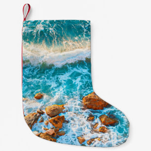 Waves on a rocky beach at sunset. Aerial viewbeach Small Christmas Stocking