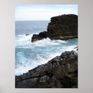 Waves on Dark Rocks Poster