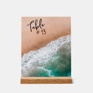 Waves on Sandy Beach Table Number Acrylic Sign