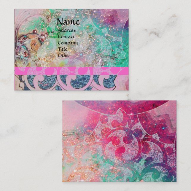 WAVES,Pink Blue Green Gold Sparkles,Floral Swirls Business Card (Front/Back)