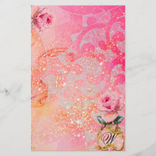 WAVES ,PINK ROSES IN GOLD SPARKLES AND SWIRLS STATIONERY