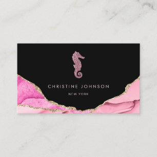 waves pink seahorse design on black business card