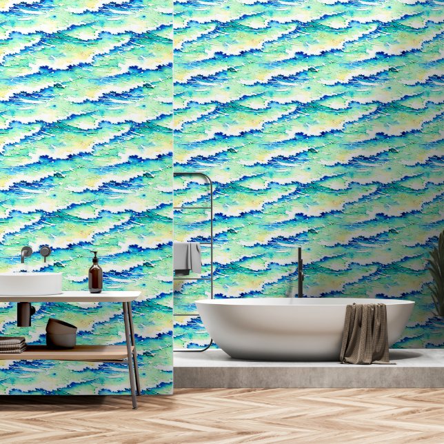 Waves seamless pattern ocean sea blue beach wallpaper (Bathroom)