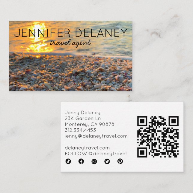 Waves Sunset Seashells Photo Travel Social Icon QR Business Card (Front/Back)