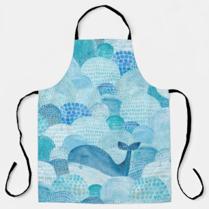 Waves, whale, childish blue texture apron