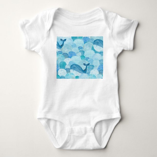Waves, whale, childish blue texture baby bodysuit (Front)
