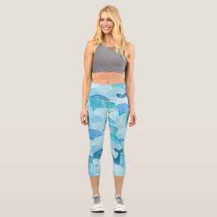 Waves, whale, childish blue texture capri leggings