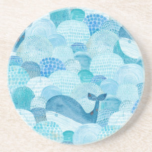 Waves, whale, childish blue texture coaster