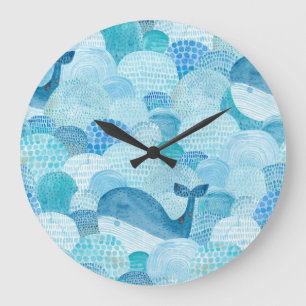 Waves, whale, childish blue texture large clock