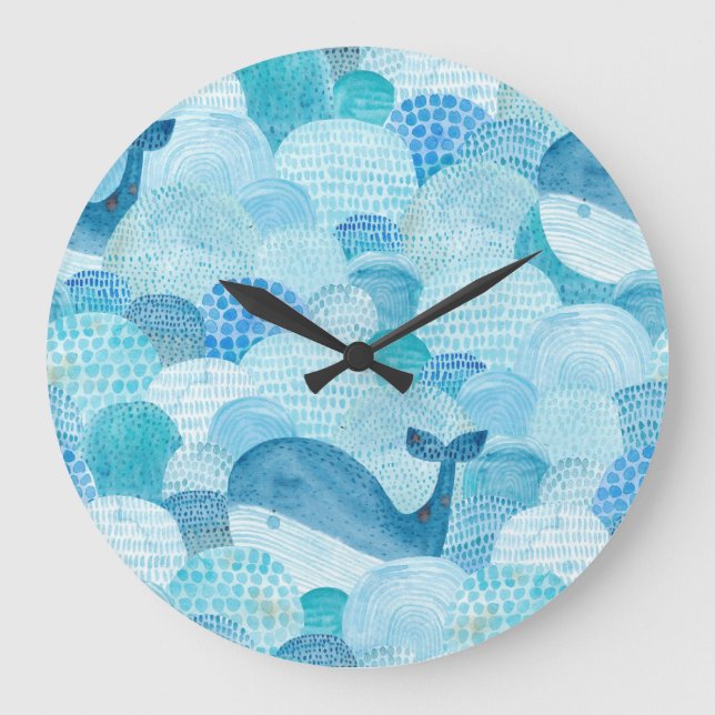 Waves, whale, childish blue texture large clock (Front)