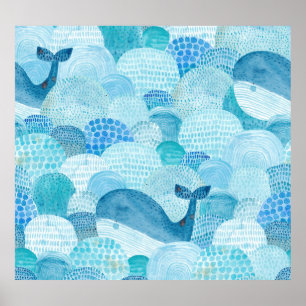 Waves, whale, childish blue texture poster