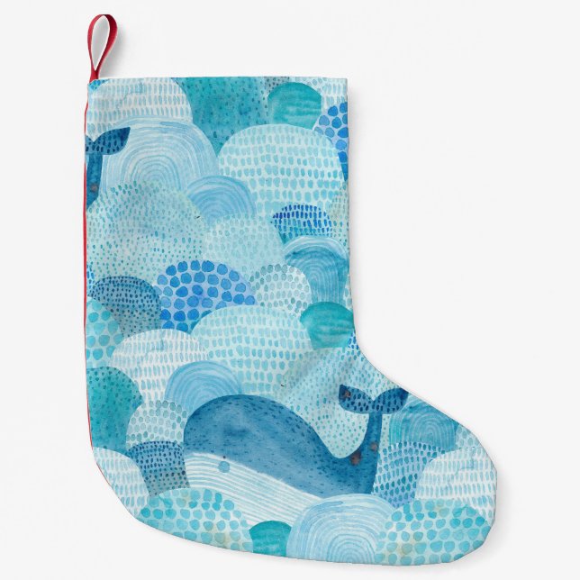 Waves, whale, childish blue texture small christmas stocking (Front)