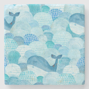 Waves, whale, childish blue texture stone coaster