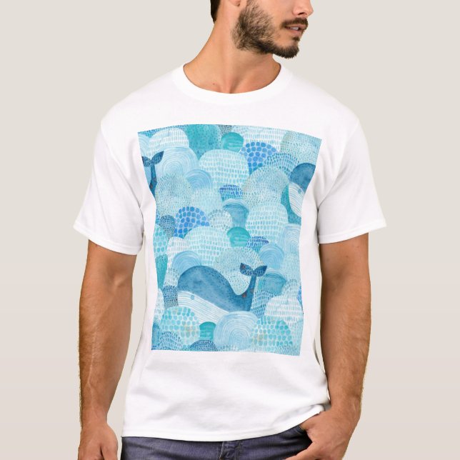 Waves, whale, childish blue texture T-Shirt (Front)