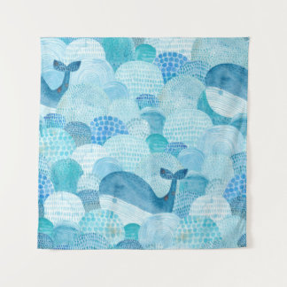 Waves, whale, childish blue texture tapestry