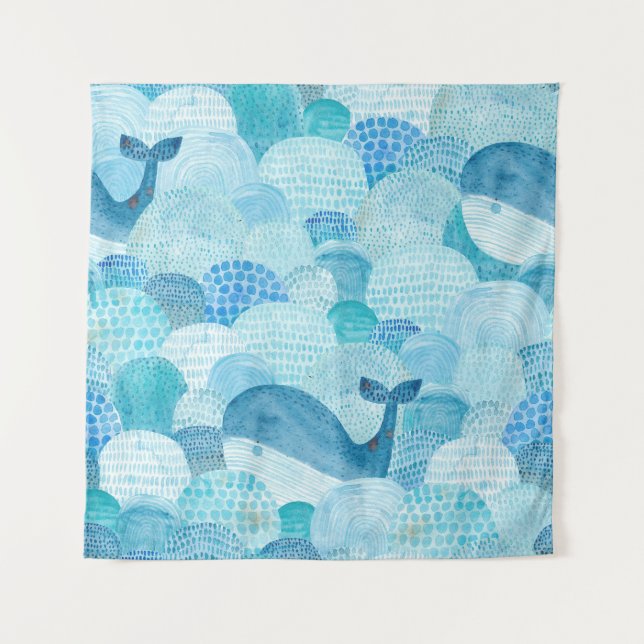 Waves, whale, childish blue texture tapestry (Front)
