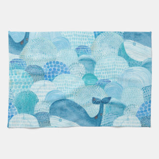 Waves, whale, childish blue texture tea towel