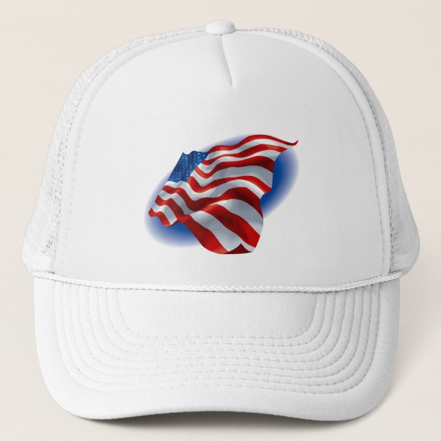 WAVING AMERICAN FLAG TRUCKER HAT (Front)