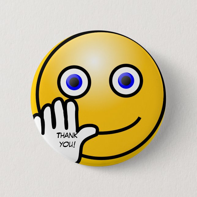 Waving emoticon thank you! 6 cm round badge (Front)
