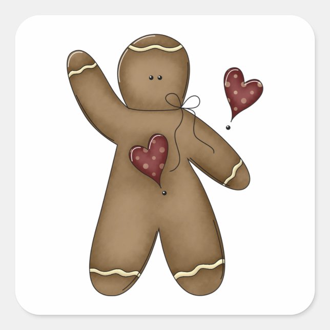 Waving Gingerbread Man with Polka Dot Hearts Square Sticker (Front)