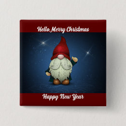 Waving Holiday Gnome Button Pin