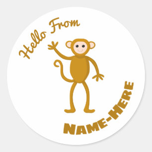 Waving Monkey Cartoon, Wild Animal Themed Classic Round Sticker