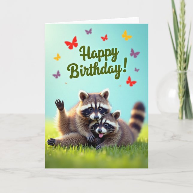 Waving Racoon Birthday Card (Front)