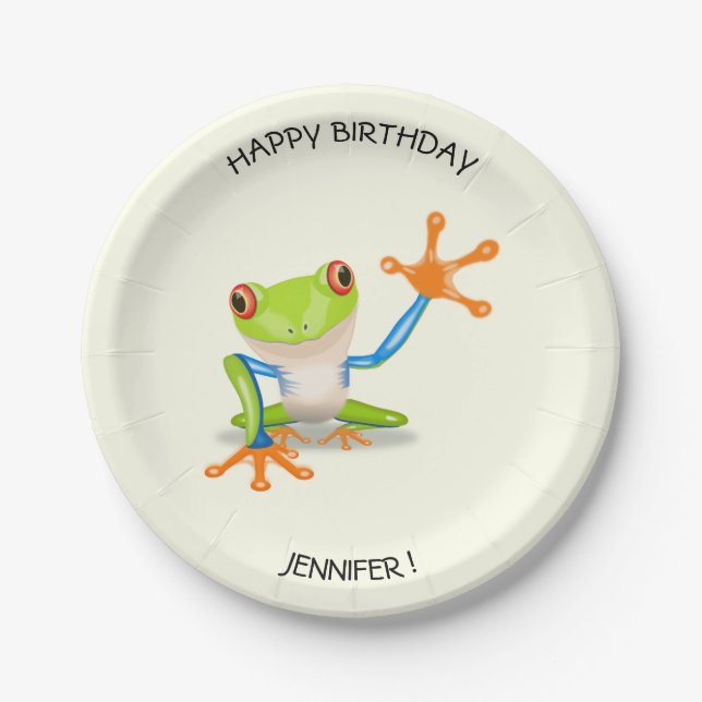 Waving red eyed tree frog kids birthday paper plate (Front)