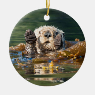Waving Sea Otter Ceramic Tree Decoration