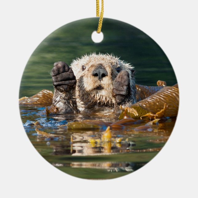 Waving Sea Otter Ceramic Tree Decoration (Front)