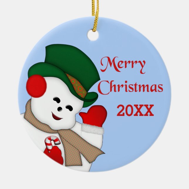 Waving Snowman Merry Christmas 20XX Ornament (Front)