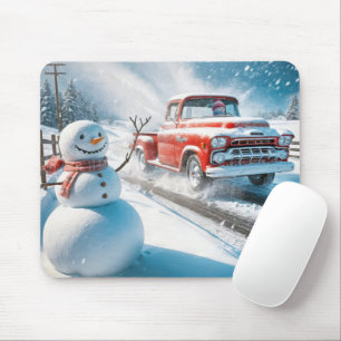 Waving Snowman With a Red Retro Truck Mouse Mat