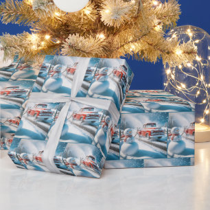 Waving Snowman With a Red Retro Truck Wrapping Paper