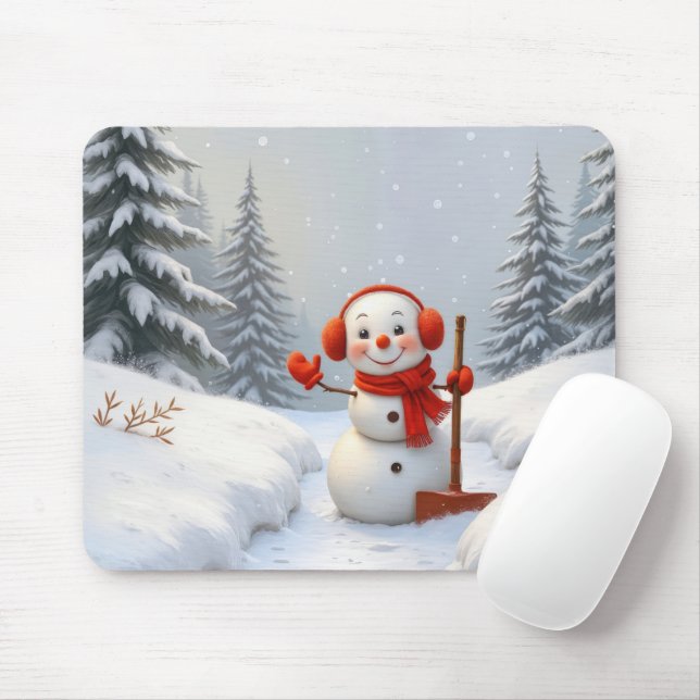 Waving Snowman With a Red Shovel Mouse Mat (With Mouse)