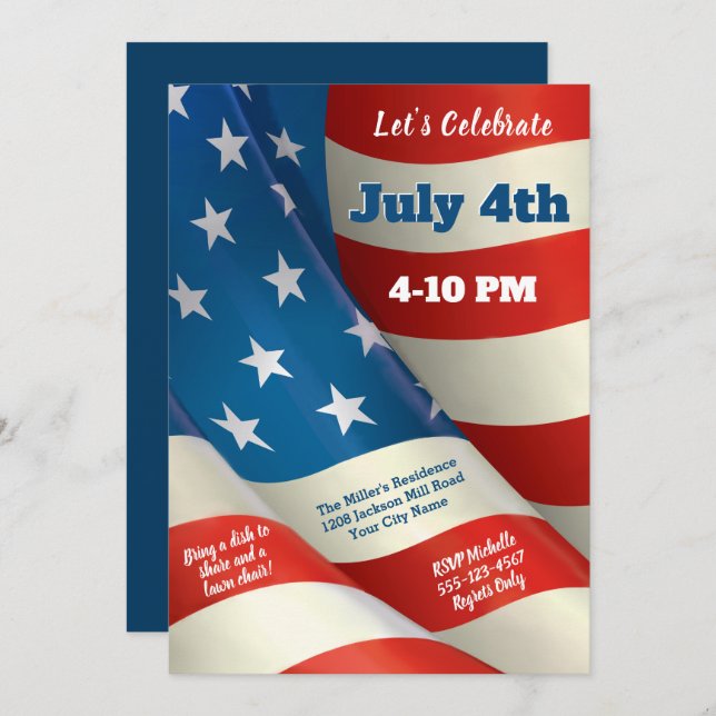 Waving U.S. Flag July 4th Party Invitation (Front/Back)