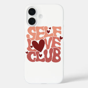Wavy 70s Font "Self Love Club" Hearts iPhone 16 Case