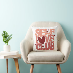 Wavy 70s Font "Self Love Club" Hearts Cushion