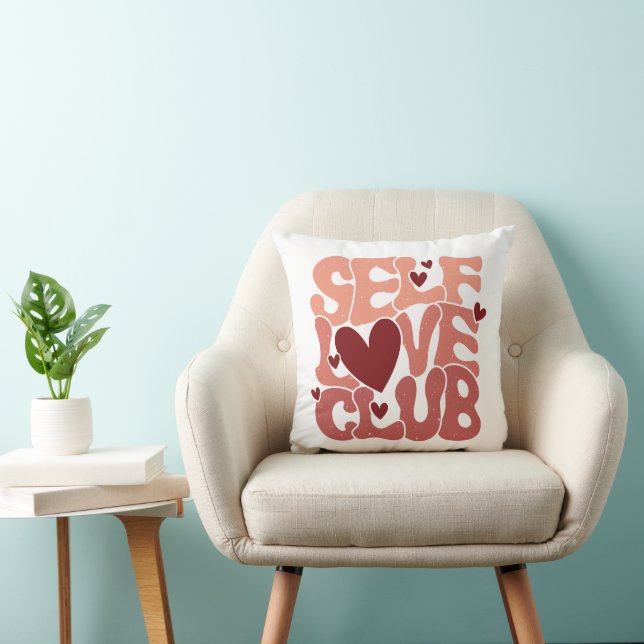 Wavy 70s Font "Self Love Club" Hearts Cushion (Chair)