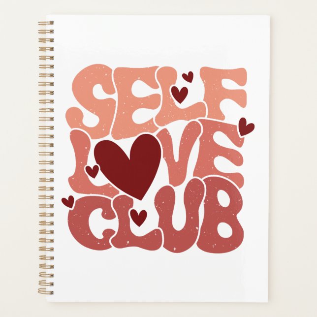 Wavy 70s Font "Self Love Club" Hearts Planner (Front)
