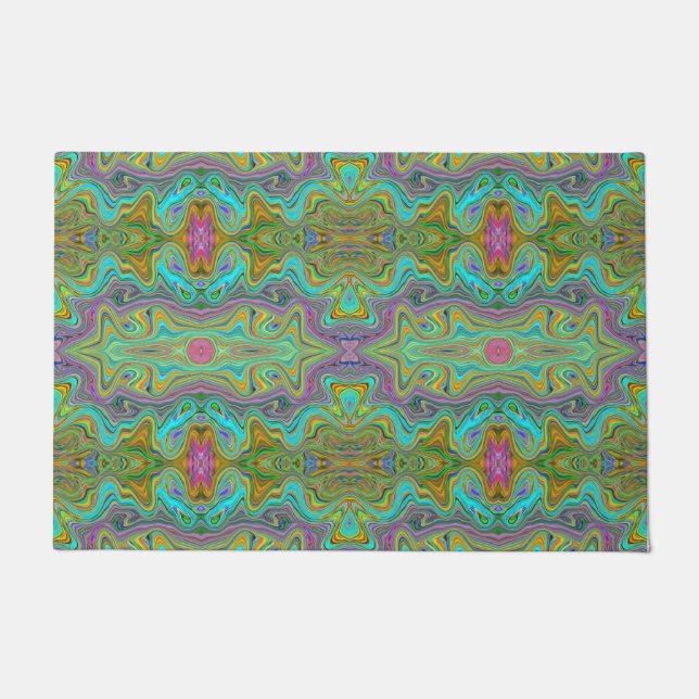 Wavy Aqua Blue and Orange Trippy Pattern Doormat (Front)