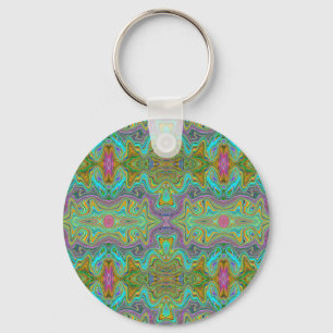 Wavy Aqua Blue and Orange Trippy Pattern Key Ring