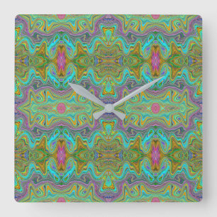 Wavy Aqua Blue and Orange Trippy Pattern Square Wall Clock