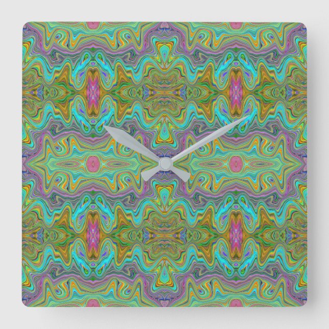 Wavy Aqua Blue and Orange Trippy Pattern Square Wall Clock (Front)