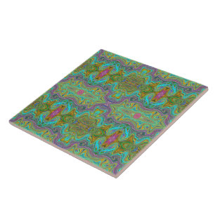 Wavy Aqua Blue and Orange Trippy Pattern Tile