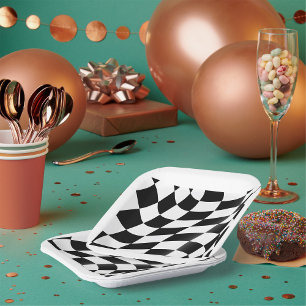 Wavy Black and White Chequered Flag Racing Paper Plate