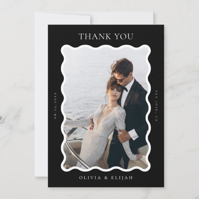 Wavy Black and White Photo W Note Wedding  Thank You Card (Front)