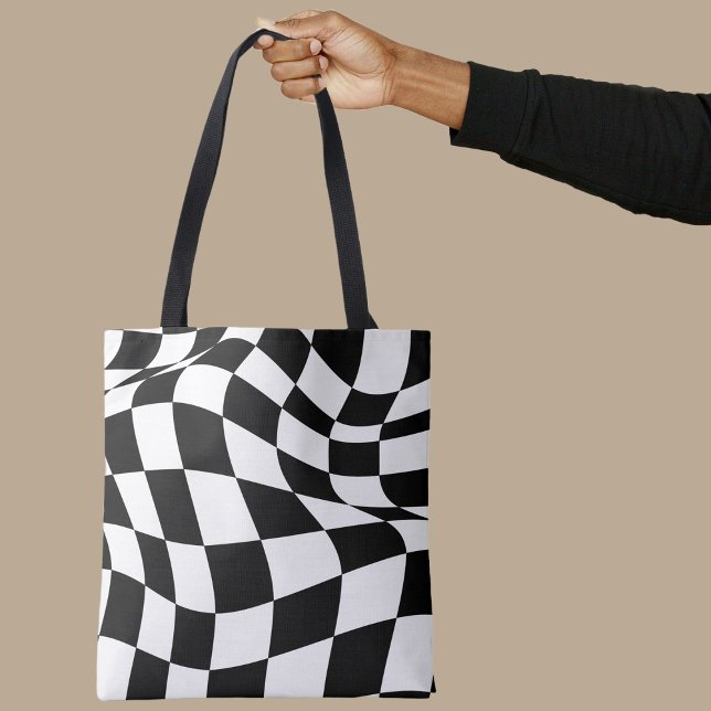Wavy Black & White Checkered/Chess  Board Pattern Tote Bag (Black & White Warp Checkered/Chess Pattern Bag)