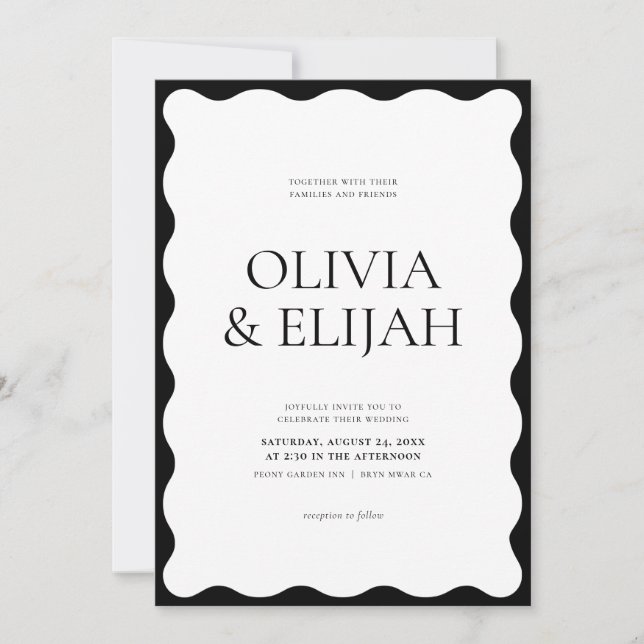 Wavy Black & White Modern Wedding Invitation (Front)