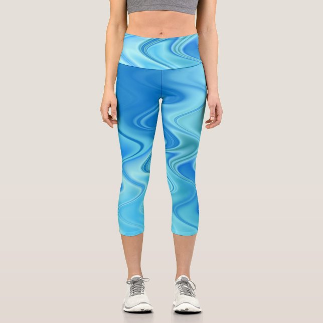 Wavy Blue Abstract High Waisted Capris (Front)