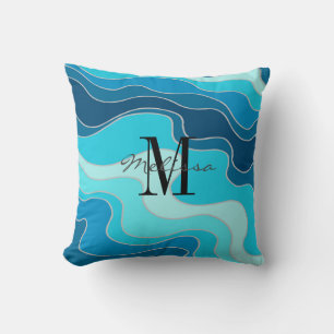 Wavy Blue Abstract Ocean Waves Monogrammed Cushion